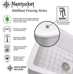 Nantucket Sinks 18" Undermount Fireclay Kitchen Sink Wellfleet-1818W