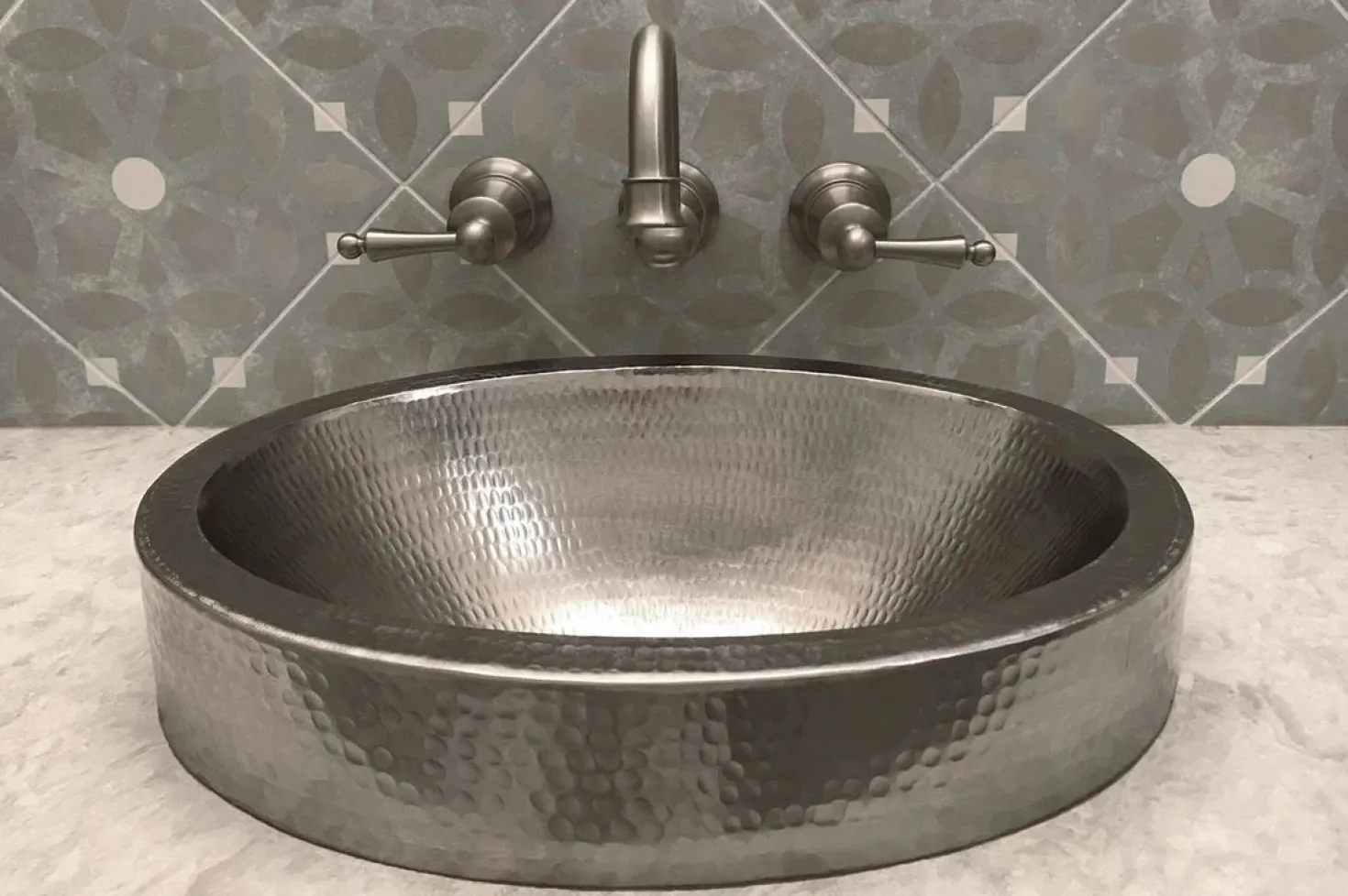 17" Oval Nickel Plated Hammered Copper Recessed Bathroom Sink