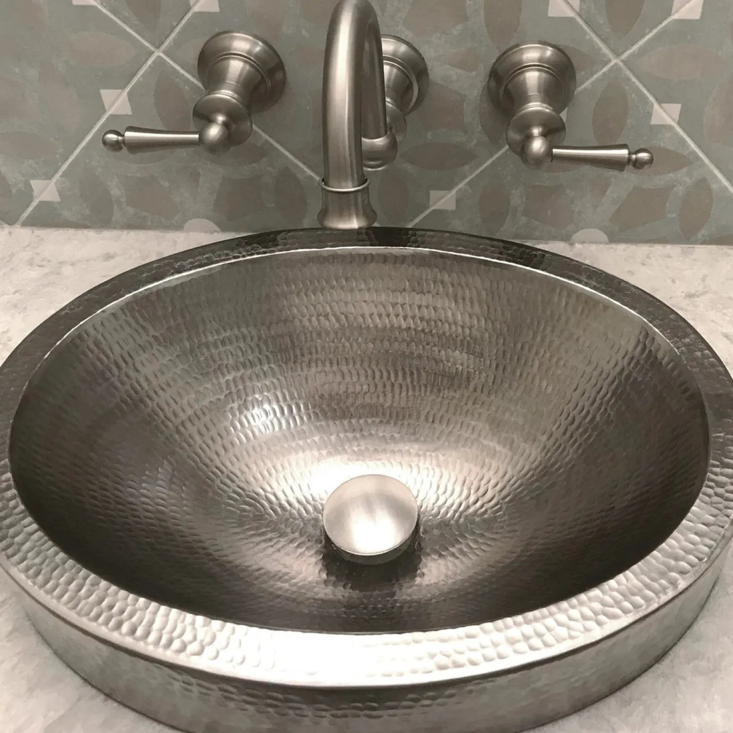 17" Oval Nickel Plated Hammered Copper Recessed Bathroom Sink
