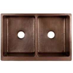 Premier Copper Products 33" Antique Hammered Copper Kitchen Apron 50/50 Double Basin Sink