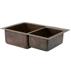 Premier Copper Products 33" Hammered Copper Kitchen 60/40 Double Basin Sink