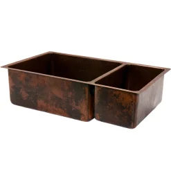 Premier Copper Products 33" Hammered Copper Kitchen 75/25 Double Basin Sink