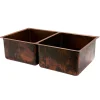 Premier Copper Products 33" Hammered Copper Kitchen 50/50 Double Basin Sink