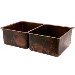 Premier Copper Products 33" Hammered Copper Kitchen 50/50 Double Basin Sink