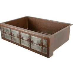 Premier Copper Products 33" Hammered Copper Kitchen Apron Single Basin Sink with Fleur De Lis Design and Apron Front Nickel Background