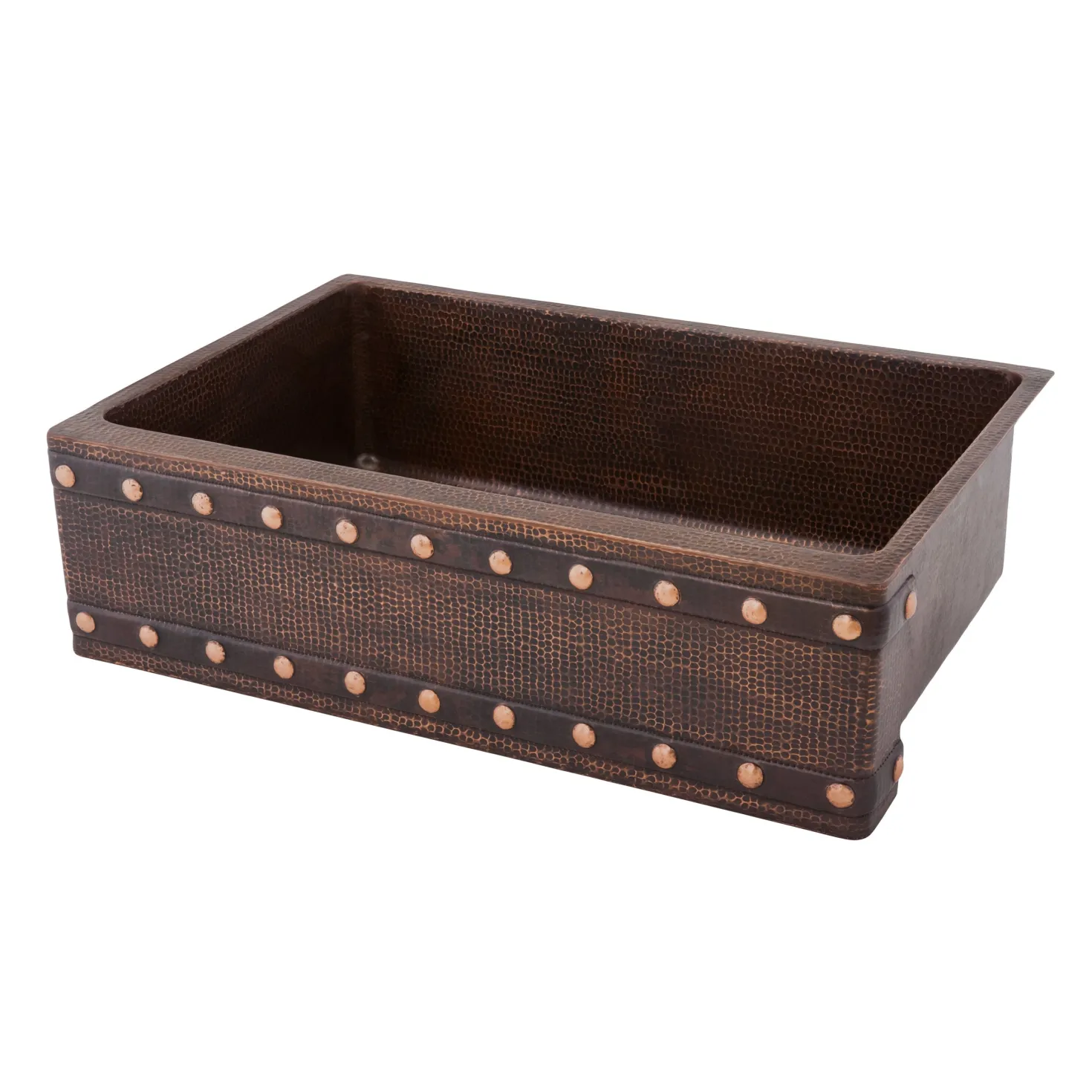 Premier Copper Products 33" Hammered Copper Kitchen Apron Single Basin Sink with Barrel Strap Design