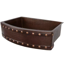 Premier Copper Products 33" Hammered Copper Kitchen Rounded Apron Single Basin Sink with Barrel Strap Design