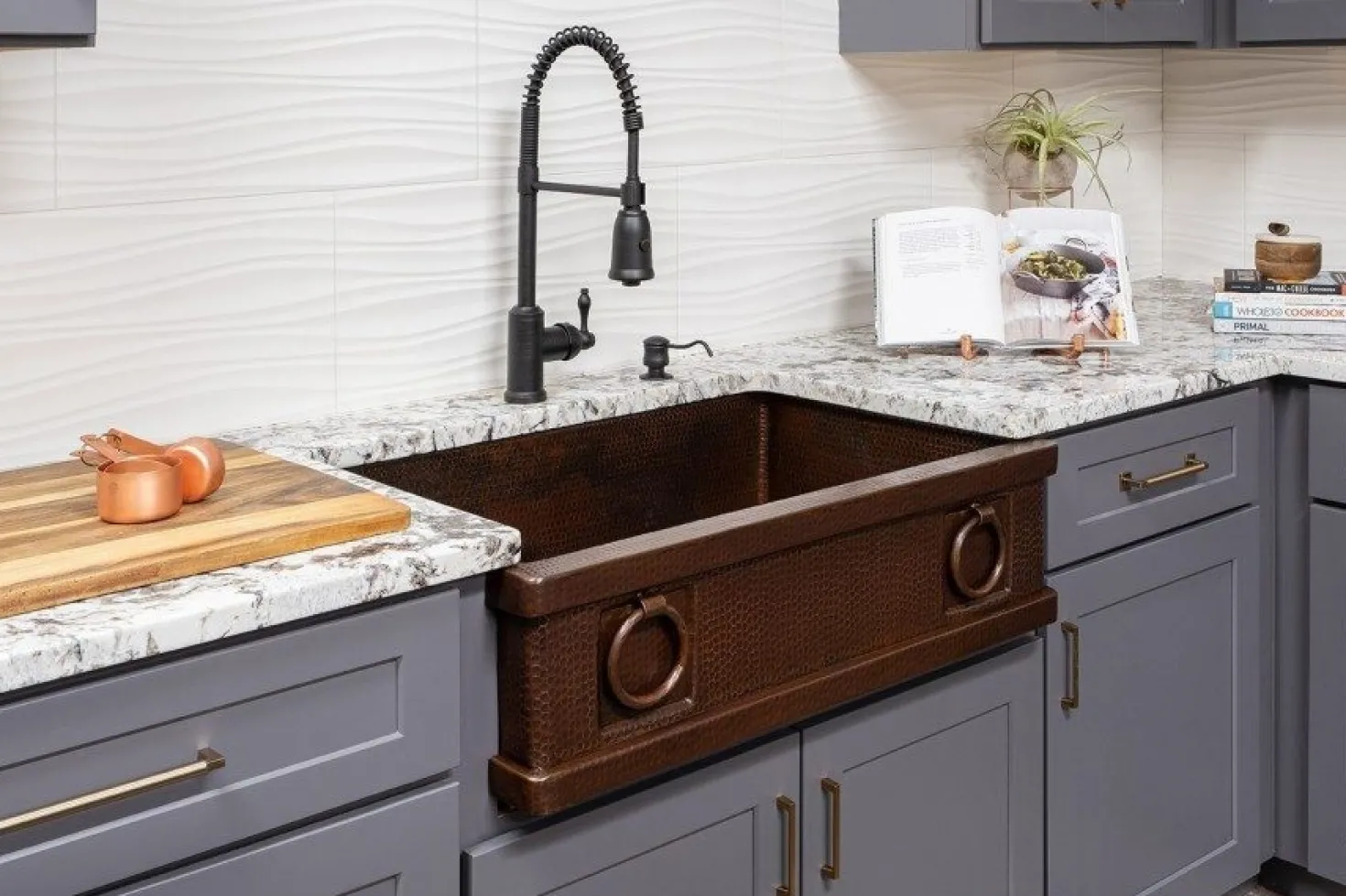 Premier Copper Products 33" Hammered Copper Kitchen Apron Single Basin Sink with Rings