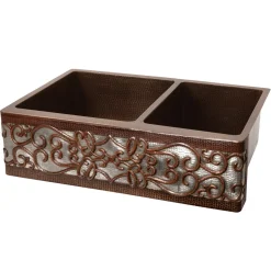 Premier Copper Products 33" Hammered Copper Kitchen Apron 60/40 Double Basin Sink with Scroll Design and Apron Front Nickel Background