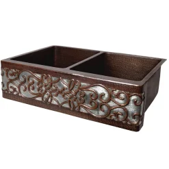 Premier Copper Products 33" Hammered Copper Kitchen Apron 50/50 Double Basin Sink with Scroll Design and Apron Front Nickel Background
