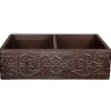 Premier Copper Products 33" Hammered Copper Kitchen Apron 50/50 Double Basin Sink with Scroll Design