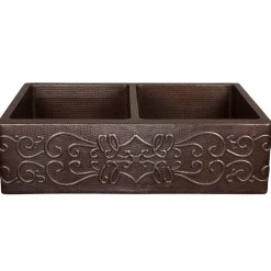 Premier Copper Products 33" Hammered Copper Kitchen Apron 50/50 Double Basin Sink with Scroll Design