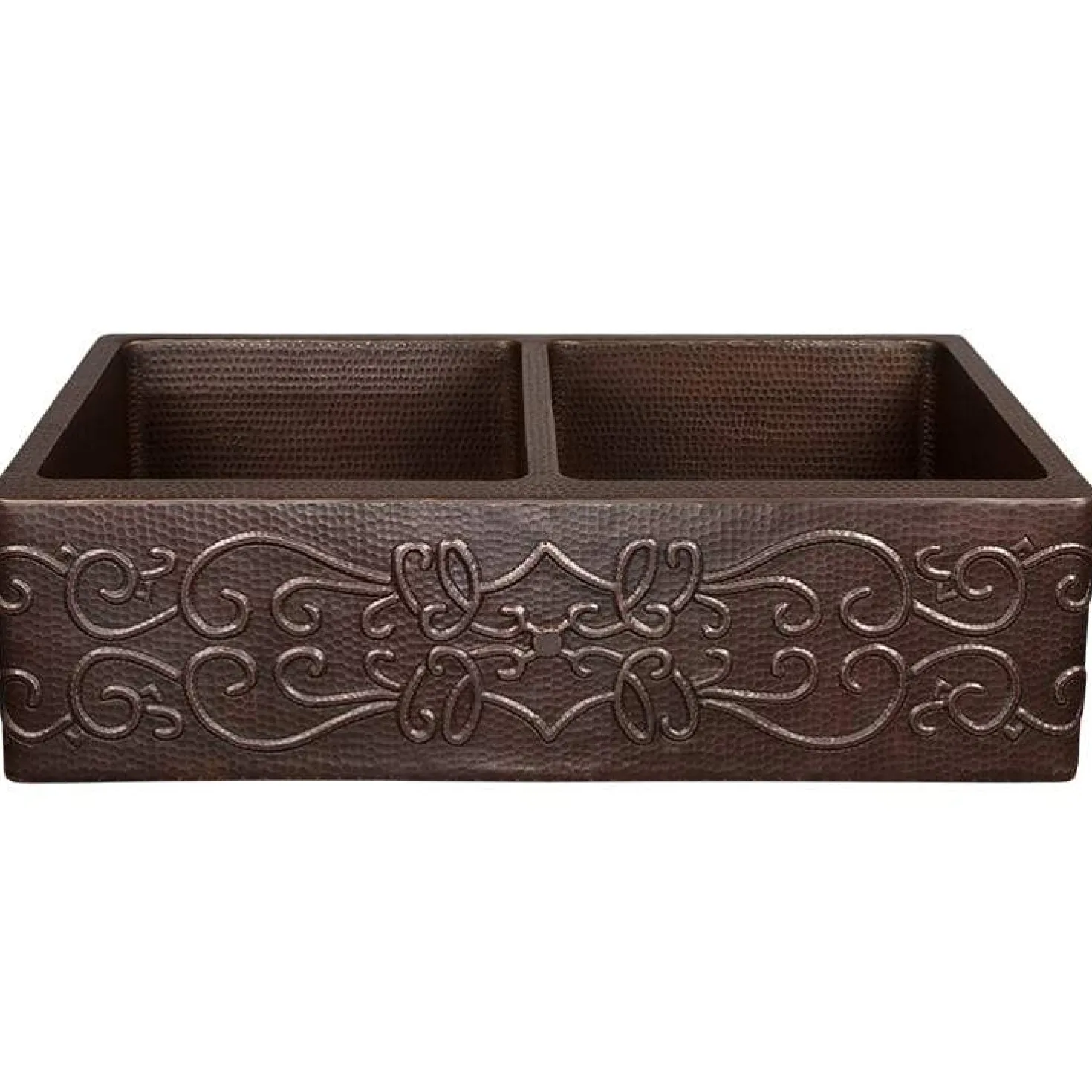 Premier Copper Products 33" Hammered Copper Kitchen Apron 50/50 Double Basin Sink with Scroll Design