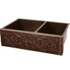 Premier Copper Products 33" Hammered Copper Kitchen Apron 60/40 Double Basin Sink with Scroll Design
