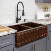 Premier Copper Products 33" Hammered Copper Kitchen Apron 50/50 Double Basin Sink with Barrel Strap Design