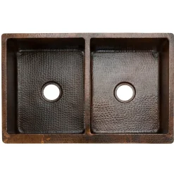 Premier Copper Products 33" Hammered Copper Kitchen Apron 50/50 Double Basin Sink with Barrel Strap Design