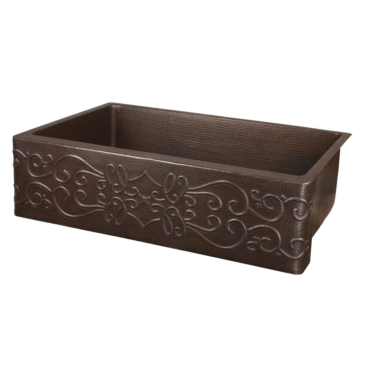 Premier Copper Products 30" Hammered Copper Kitchen Apron Single Basin Sink with Scroll Design