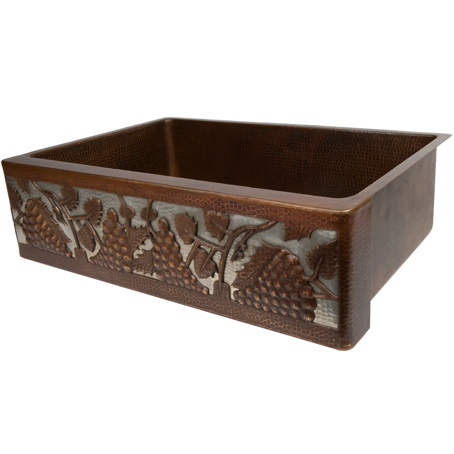 Premier Copper Products 33" Hammered Copper Kitchen Apron Single Basin Sink with Vineyard Design and Apron Front Nickel Background