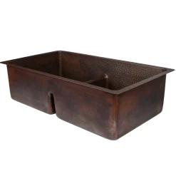 Premier Copper Products 33" Hammered Copper Kitchen 50/50 Double Basin Sink with Short 5" Divider