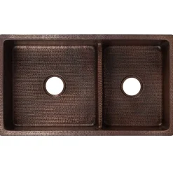 Premier Copper Products 33" Hammered Copper Kitchen 60/40 Double Basin Sink with Short 5" Divider