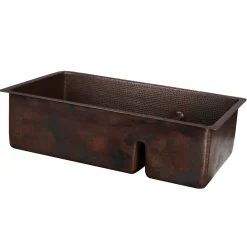 Premier Copper Products 33" Hammered Copper Kitchen 70/30 Double Basin Sink with Short 5" Divider