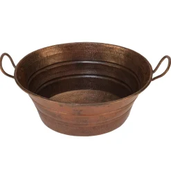 Premier Copper Products Oval Bucket Vessel Hammered Copper Sink with Handles