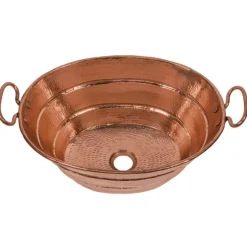 Premier Copper Products Oval Bucket Vessel Hammered Copper Sink with Handles