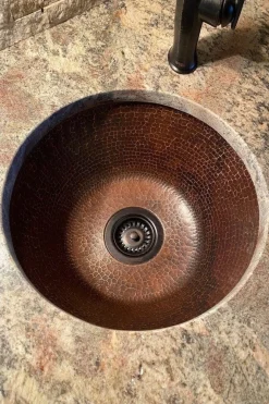 Premier Copper Products 16" Round Hammered Copper Prep Sink with 3.5" Drain Size