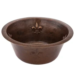 Premier Copper Products 16" Round Copper Bar Sink with Fleur De Lis and 2" Drain Size