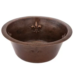 Premier Copper Products 16" Round Copper Prep Sink with Fleur De Lis and 3.5" Drain Size