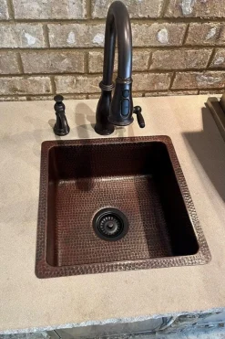 Premier Copper Products 16" Square Hammered Copper Bar/Prep Sink with 3.5" Drain Opening