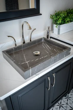Rectangular Vessel Sink in Honed Pietra Grey Marble