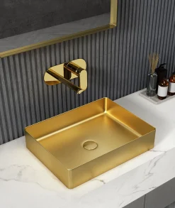 Rectangular 19" x 14 1/2" Stainless Steel Bathroom Vessel Sink with Drain in Gold