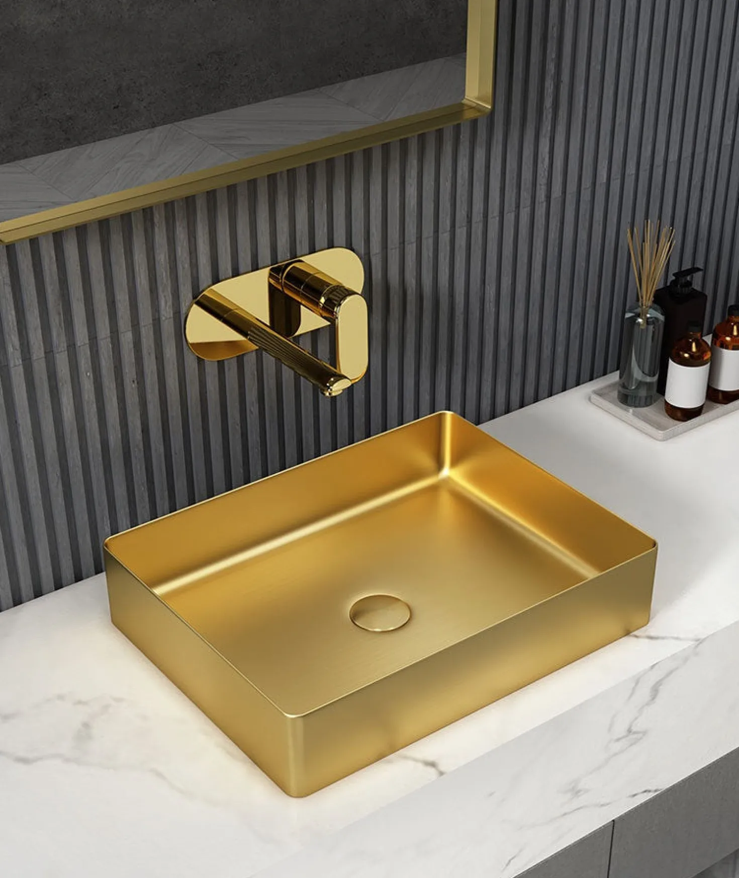 Rectangular 19" x 14 1/2" Stainless Steel Bathroom Vessel Sink with Drain in Gold