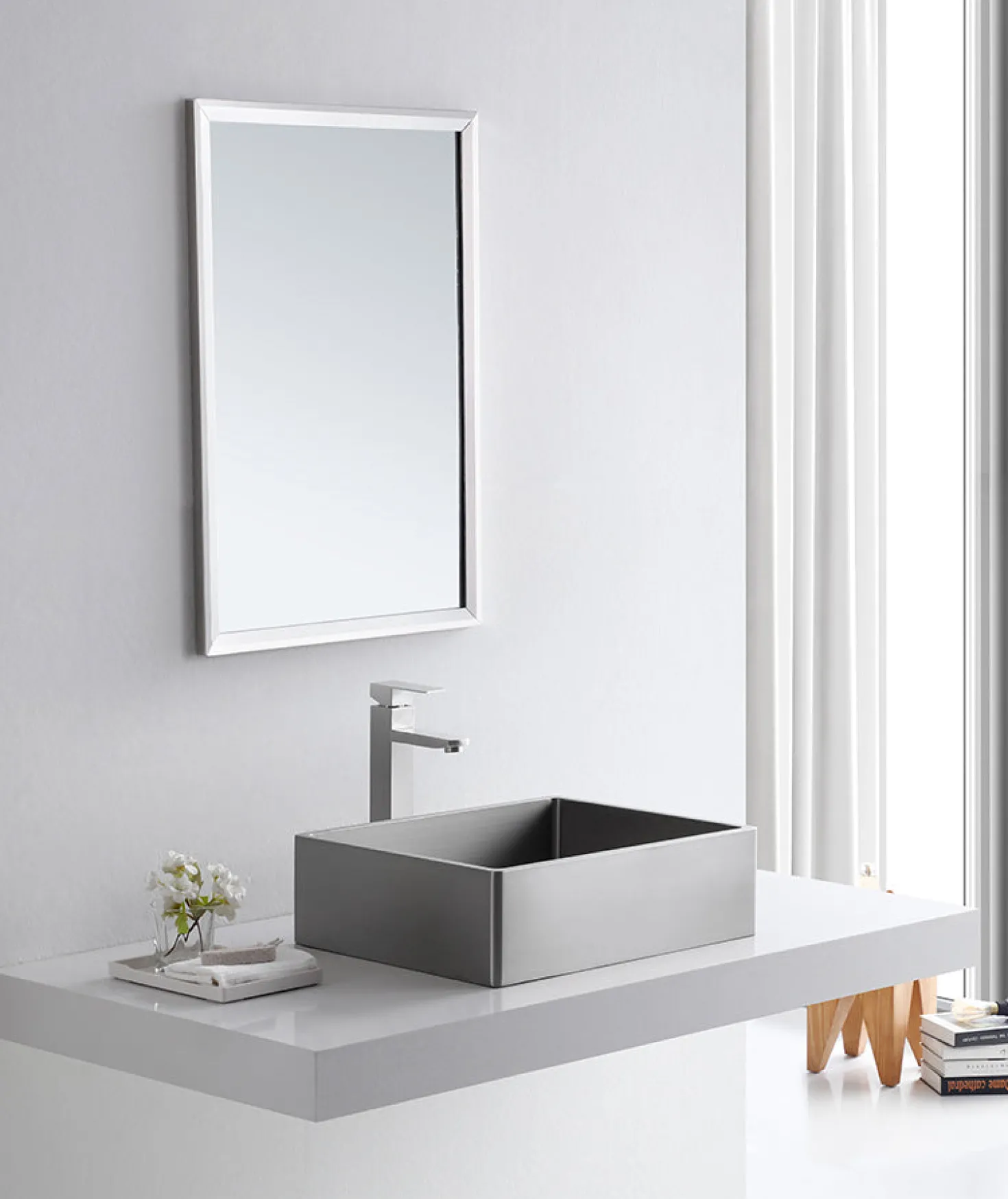 Rectangular 18 3/4" x 15 3/4" Thick Rim Stainless Steel Bathroom Vessel Sink with Drain in Silver