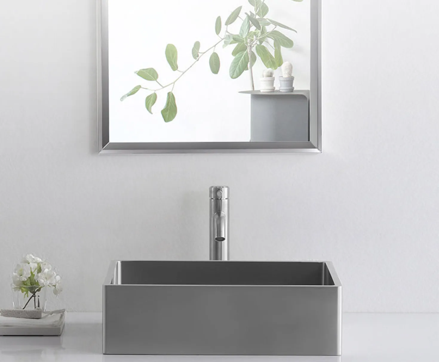 Rectangular 18 3/4" x 15 3/4" Thick Rim Stainless Steel Bathroom Vessel Sink with Drain in Silver