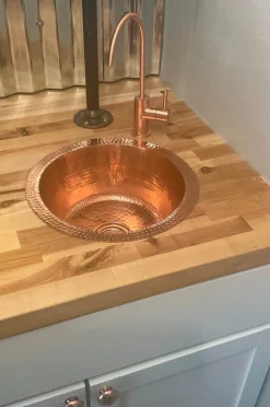 12" Round Hammered Copper Bar Sink with 2" Drain Opening in Polished Copper