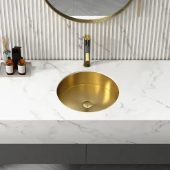 15" Round Stainless Steel Undermount Bathroom Sink with Drain in Gold