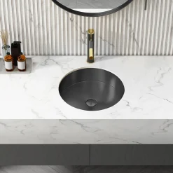 15" Round Stainless Steel Undermount Bathroom Sink with Drain in Black