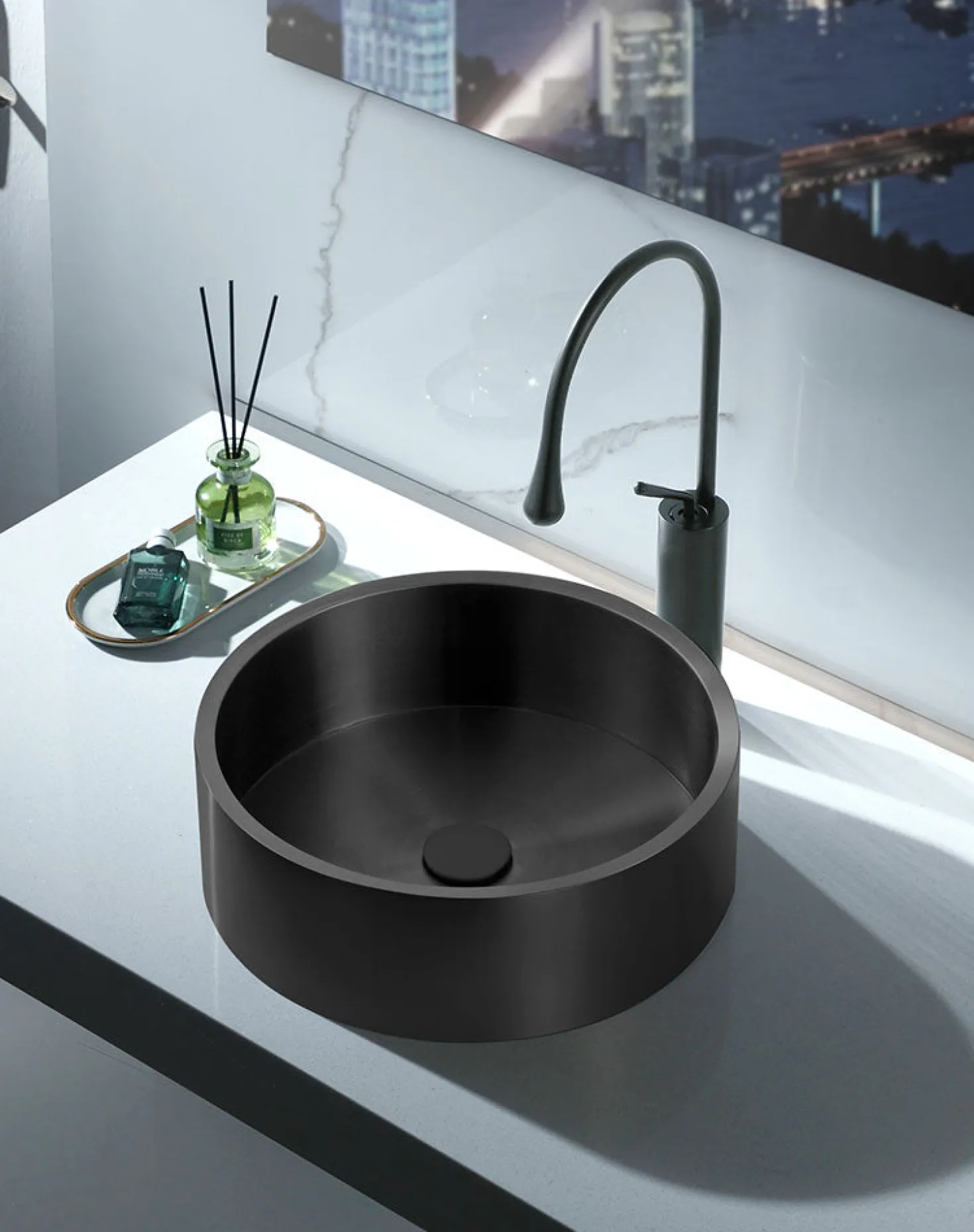 15 3/4" Round Thick Rim Stainless Steel Bathroom Vessel Sink with Drain in Black