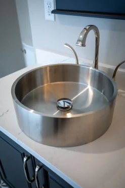 15 3/4" Round Thick Rim Stainless Steel Bathroom Vessel Sink with Drain in Silver