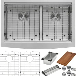 Ruvati 33" Apron-front Workstation Low-Divide Double Bowl 60/40 Farmhouse 16 Gauge Stainless Steel Kitchen Sink