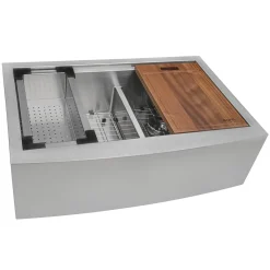 Ruvati 36" Apron-front Workstation Low-Divide Double Bowl 50/50 Farmhouse 16 Gauge Stainless Steel Kitchen Sink