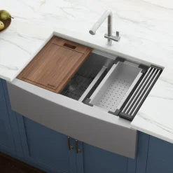Ruvati 36" Apron-front Workstation Low-Divide Double Bowl 50/50 Farmhouse 16 Gauge Stainless Steel Kitchen Sink