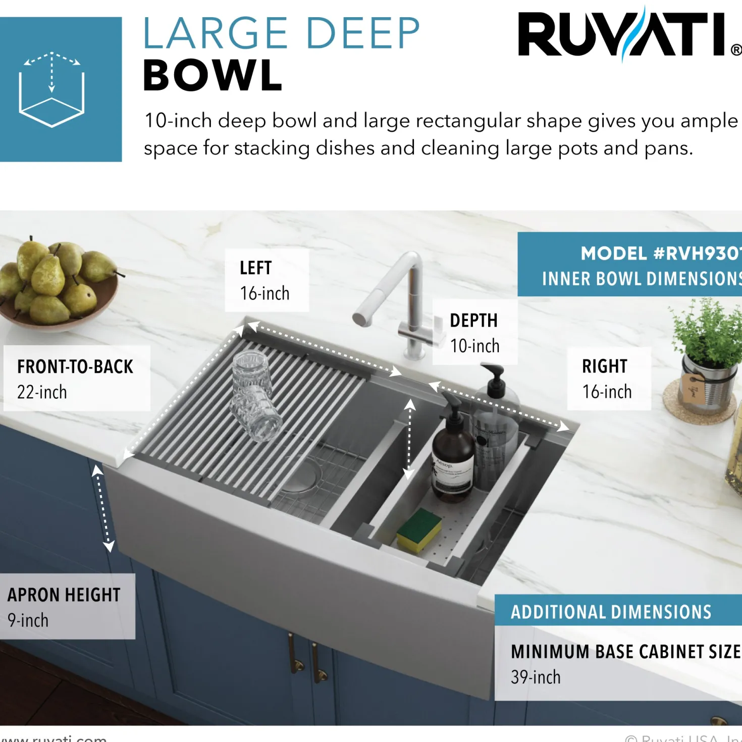 Ruvati 36" Apron-front Workstation Low-Divide Double Bowl 50/50 Farmhouse 16 Gauge Stainless Steel Kitchen Sink