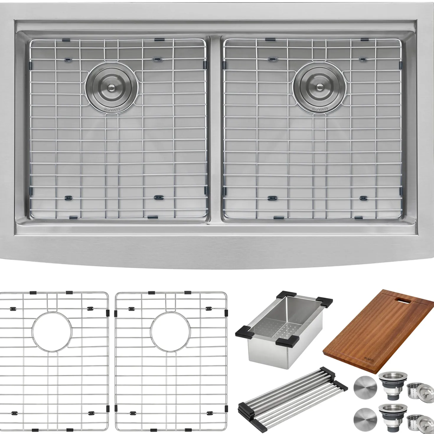 Ruvati 36" Apron-front Workstation Low-Divide Double Bowl 50/50 Farmhouse 16 Gauge Stainless Steel Kitchen Sink