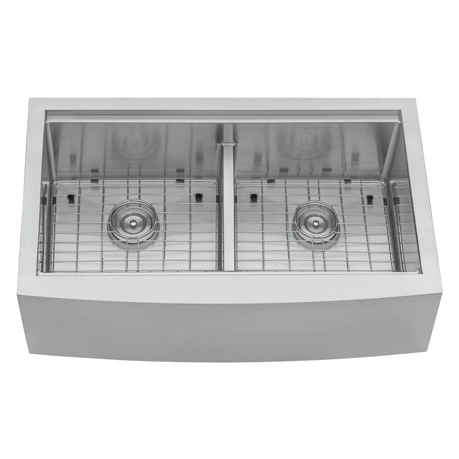 Ruvati 36" Apron-front Workstation Low-Divide Double Bowl 50/50 Farmhouse 16 Gauge Stainless Steel Kitchen Sink