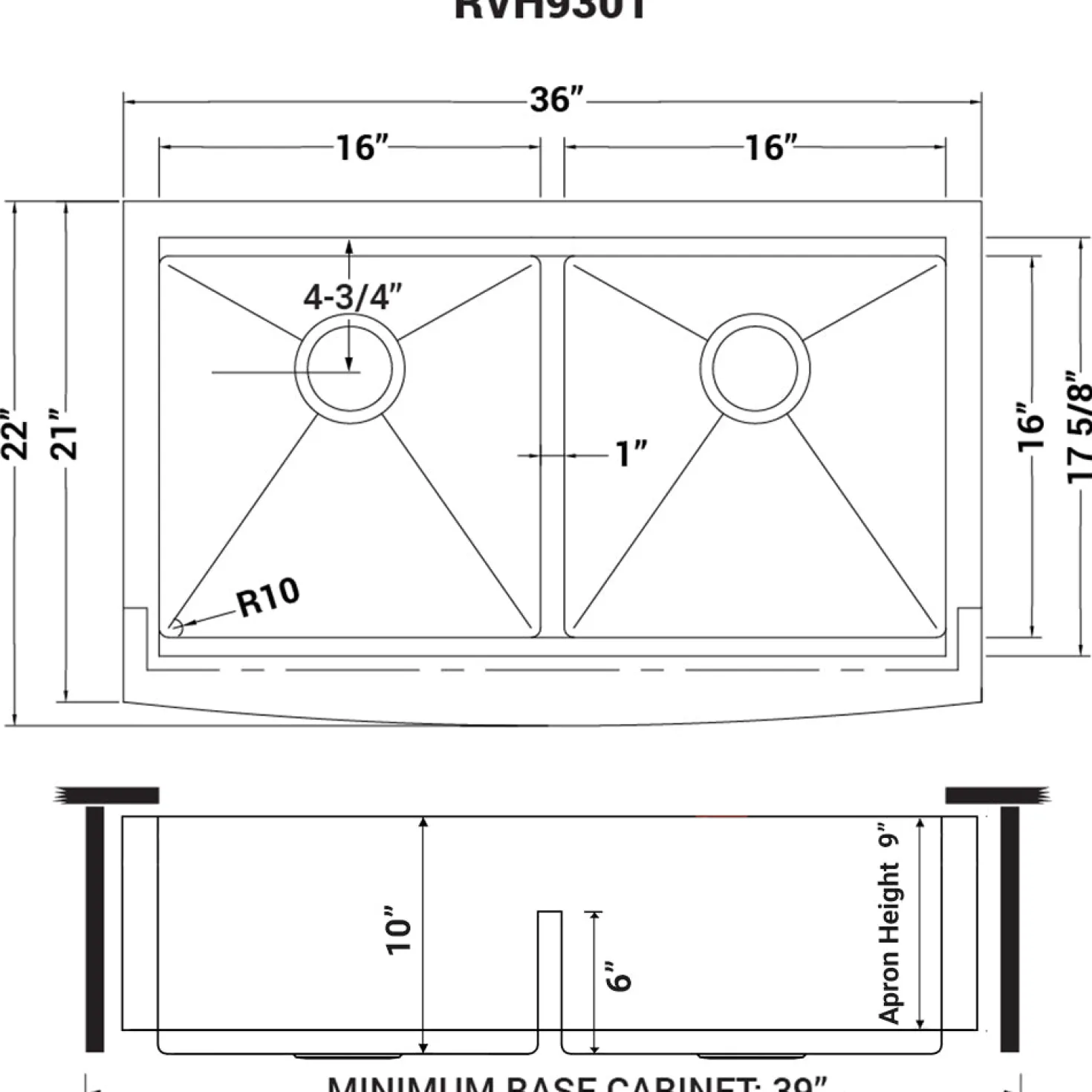 Ruvati 36" Apron-front Workstation Low-Divide Double Bowl 50/50 Farmhouse 16 Gauge Stainless Steel Kitchen Sink