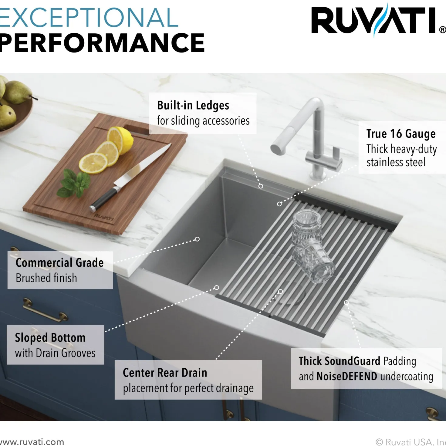 Ruvati 24" Apron-front Workstation Farmhouse 16 Gauge Stainless Steel Single Bowl Kitchen Sink
