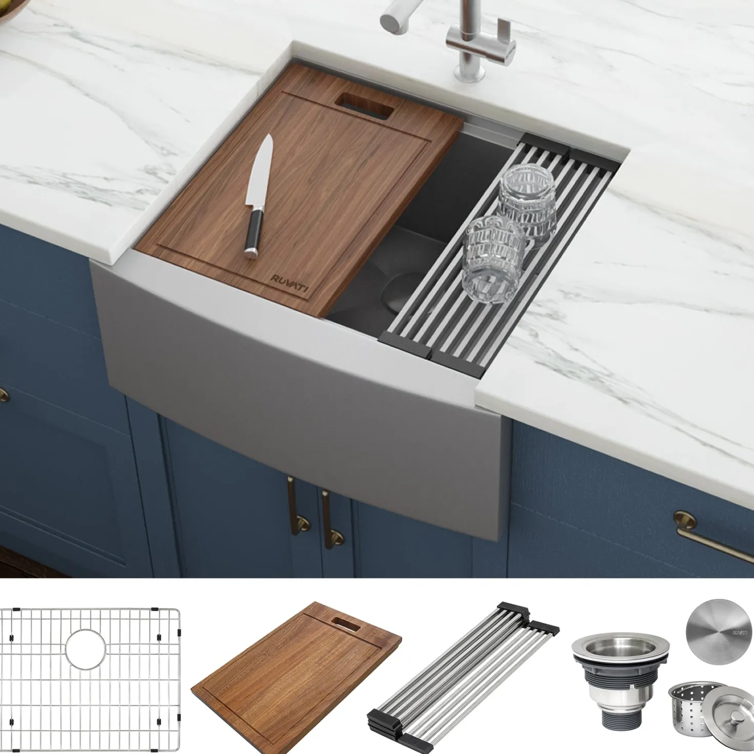 Ruvati 24" Apron-front Workstation Farmhouse 16 Gauge Stainless Steel Single Bowl Kitchen Sink